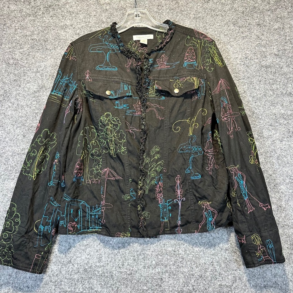 Coldwater Creek Jacket Womens Size M Black Neon Embroidered Whimsical Artistic